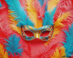 A colorful carnival mask on a red background photo