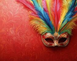 A colorful carnival mask with feathers on a red background photo