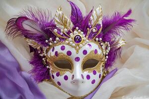 A purple and white mask with gold and white feathers photo