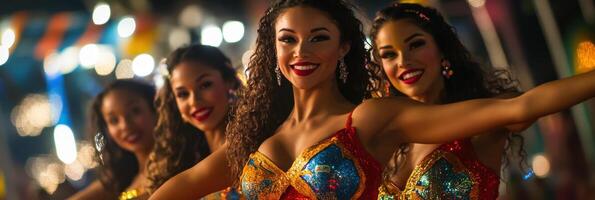 A group of women in colorful costumes dancing photo
