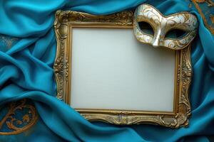 A picture frame with a mask and a blue fabric photo