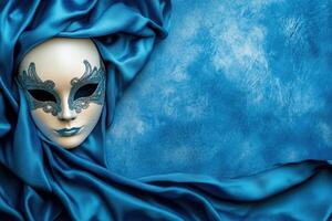 A blue mask with a blue fabric draped over it photo