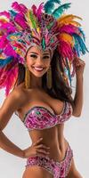 A woman in a colorful costume with feathers photo