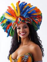 A woman in a colorful costume with a feather headdress photo