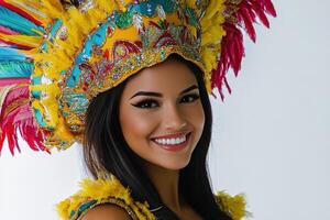 A beautiful woman in a colorful costume with feathers photo