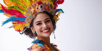 A woman in a colorful costume with feathers photo