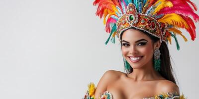 Beautiful woman in colorful costume with feather headdress photo