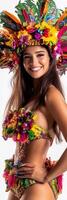 A woman in a colorful costume with a headdress photo