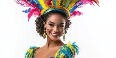 A woman in a colorful costume with feathers photo