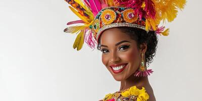 A woman in a colorful costume with feathers on her head photo