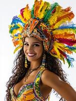A woman in a colorful costume with feathers photo