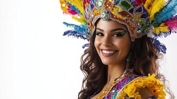 A woman in a colorful costume with feathers photo