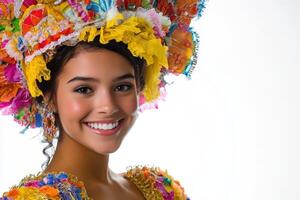 A woman in a colorful costume smiling photo