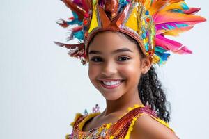 A young girl in a colorful costume smiling photo