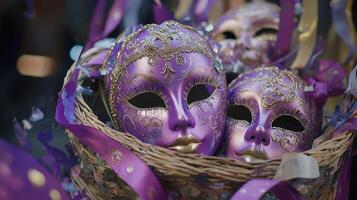 A basket with purple and gold masks in it photo