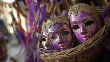 A basket with three masks in it photo