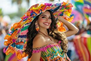 A woman in a colorful hat and colorful dress photo