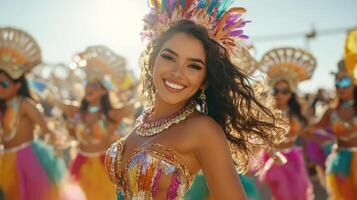 A woman in a colorful costume is smiling photo