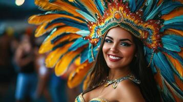 A woman in a colorful costume with feathers photo