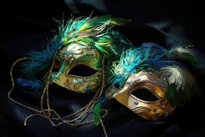 Two masks with feathers on them photo