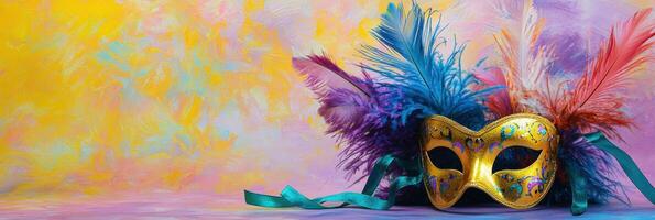 A colorful carnival mask with feathers on a colorful background photo