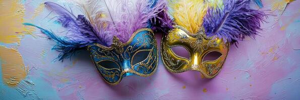 Two colorful carnival masks with feathers on a colorful background photo
