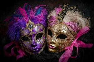 Two venetian masks with pink and purple feathers photo