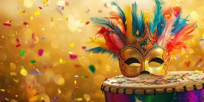 A carnival mask and a drum on a gold background photo