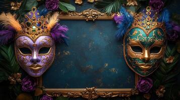 Two carnival masks on a blue background photo