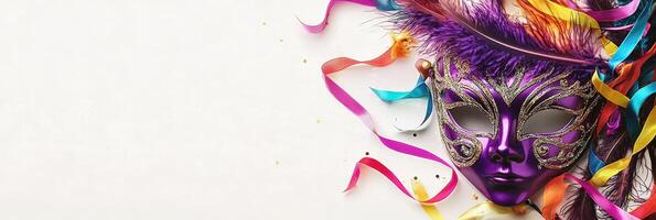 A colorful carnival mask with ribbons and feathers photo