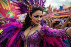 A woman in a purple costume with feathers photo