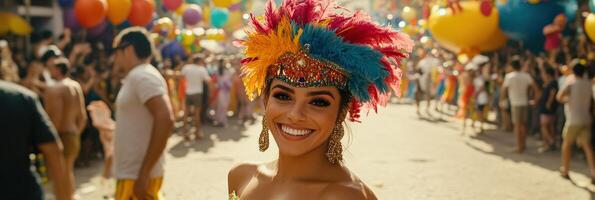 A woman in a colorful headdress smiles at the camera photo