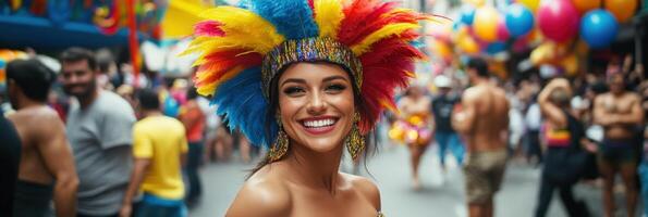 A woman with colorful feathers on her head photo