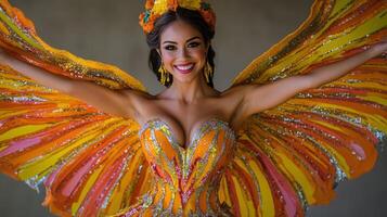 A woman in a colorful costume with wings photo