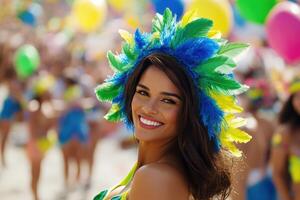 A woman in a colorful costume with feathers on her head photo