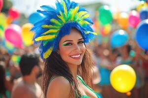 A woman with colorful feathers and a colorful headdress photo