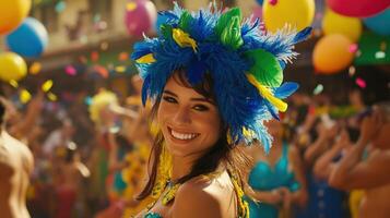 A woman in a colorful costume with colorful feathers photo