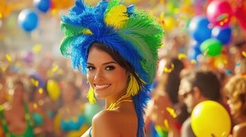 A woman in a colorful costume with colorful feathers photo
