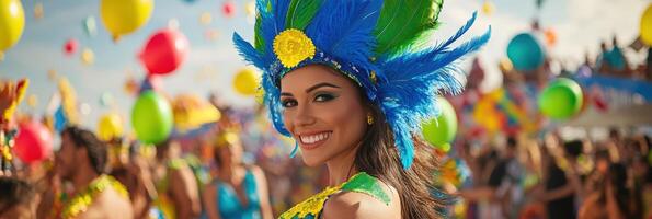 A woman in colorful feathers and feathers at a carnival photo
