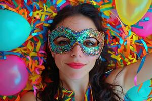 A woman wearing a mask with colorful confetti photo