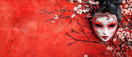 A red background with a mask and flowers photo