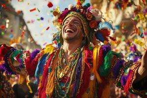 A man in colorful costume is laughing and smiling photo