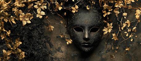 A black mask with gold leaves on it photo