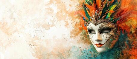 A painting of a colorful mask with feathers photo