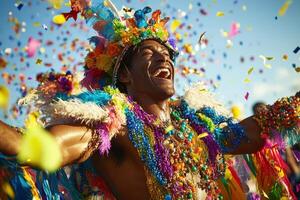 A man in colorful costume with confetti in his hair photo