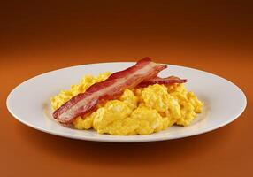 Scrumptious scrambled eggs with crispy bacon. photo
