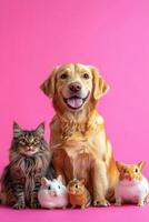 A dog and cats are posing with a pink background photo