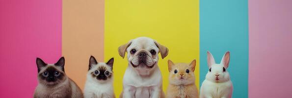 A dog, cat, rabbit and a dog are standing in front of a rainbow colored background photo
