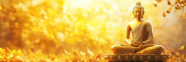 A golden buddha statue is sitting in the middle of a field photo
