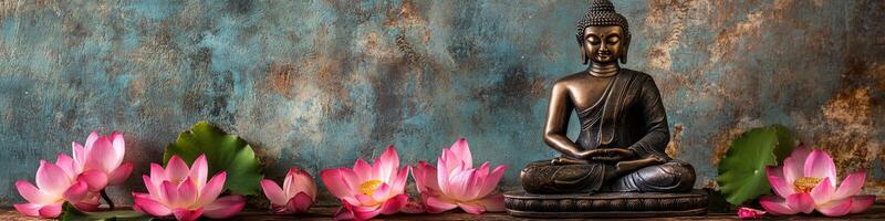 Buddha statue with lotus flowers on a wooden table photo